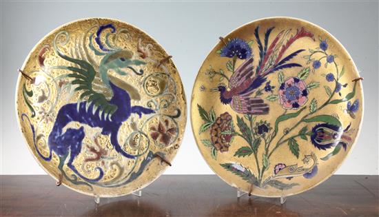 Two Zsolnay Persian style dishes, late 19th century, diam.37cm.